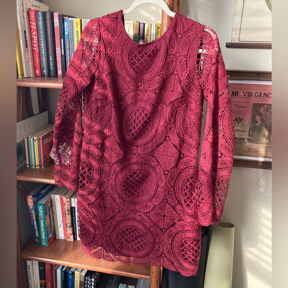 Long sleeved Dark Red crochet mini dress